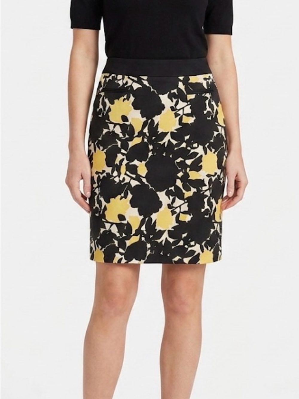 Women’s Black Yellow Floral Stretch Pencil Skirt Size Medium Colorful Coastal
